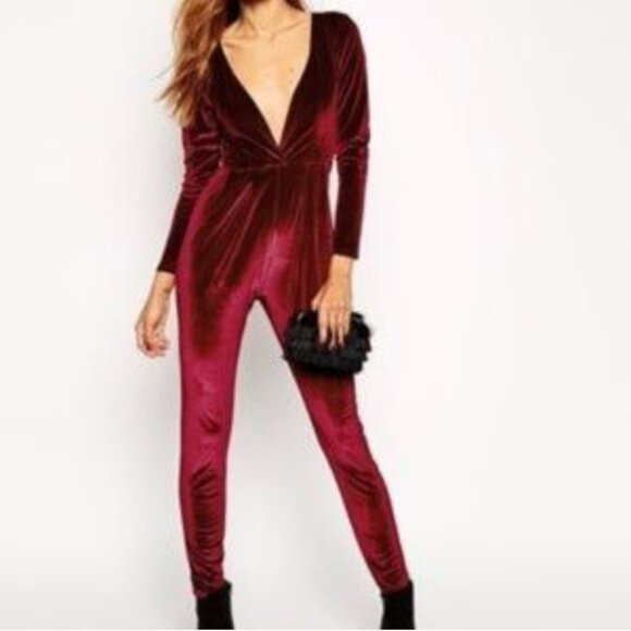 American Apparel Women's Small Jumpsuit Burgundy Velvet Deep V Plunging Neckline - Picture 3 of 9